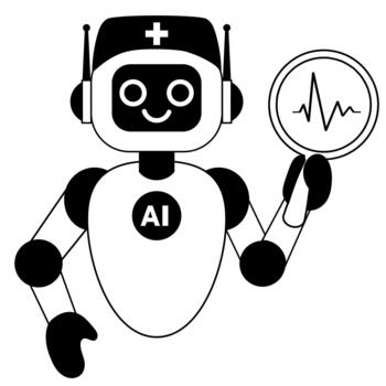 AI medical assistant analyzing health data and heart monitoring line illustration isolated on white background vector