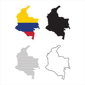 Set of four colombia map outlines colored flag, solid black silhouette, horizontal lines pattern, and simple white outline vector