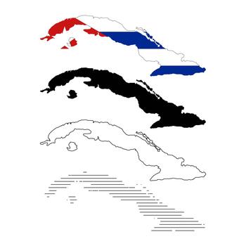 Set of four cuba map outlines and filled shapes, including one filled with the cuban flag colors, isolated on white background vector