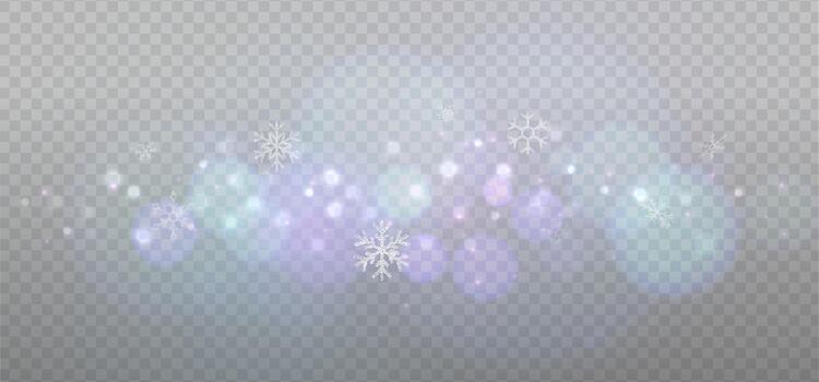 Winter reflection light prism bokeh effect with snowflakes on transparent background. Abstract dust particles, white confetti winter bg. Christmas overlay for flyer, new year card. vector