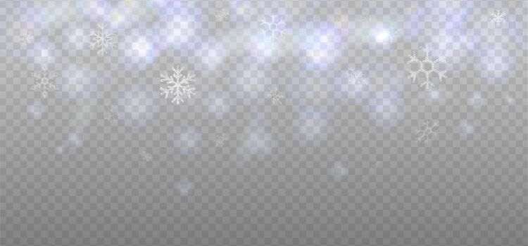 Abstract winter refraction glow and bokeh effect with Sparse snowfall Christmas overlay. Subtle flying snow flakes and stars on transparent background. Amazing winter silver snowflake template. vector