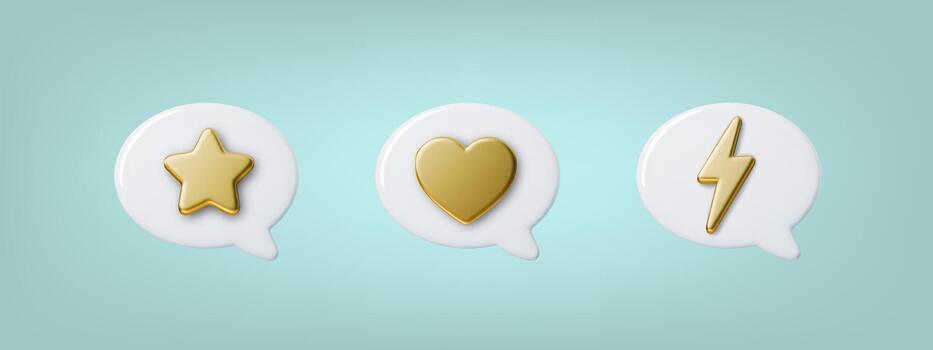 3D speech bubbles with lightning bolts and golden stars, heart. Glossy chat icons for messaging apps, social media notifications, and modern communication design. vector