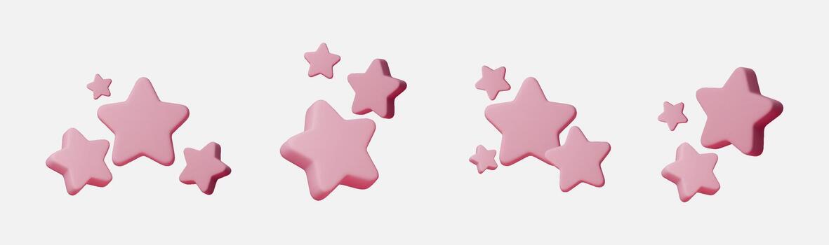 3D pink star icon set isolated on white background for rating and review design. Pink star symbols express five star rating, quality, reward and customer satisfaction for apps, UI and web interfaces. vector