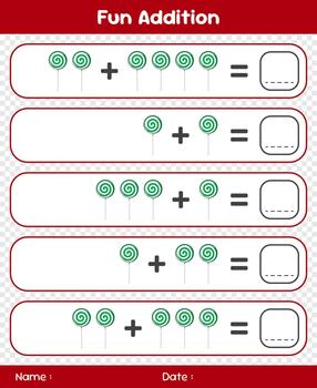 Games for children addition by counting lollipops. Educational mathematical game. Addition game for children. Kids activity sheet. Template for addition vector