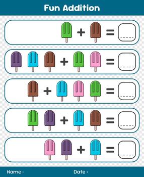 Games for children addition by counting ice cream. Educational mathematical game. Addition game for children. Kids activity sheet. Template for addition vector