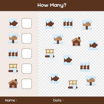 Count how many objects. Counting game on winter theme. Educational mathematical games. Counting game for children. Template for how many vector