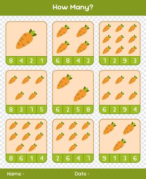 Count the number of vegetables. Educational mathematical game. Counting game for children. Kids activity sheet. Templates for how many, vector