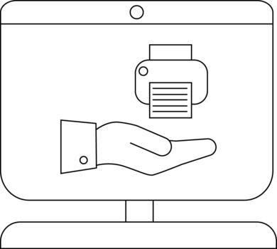 Line drawing of a computer monitor a printer above an open hand vector