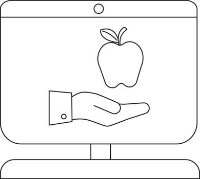 Line art Hand holds floating apple on computer screen minimal symbolic vector