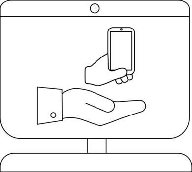 An outline image depicts a computer screen showing two hands and a cell phone vector
