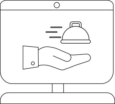 icono de un computadora mostrando un mano participación un cubierto plato con movimiento líneas vector