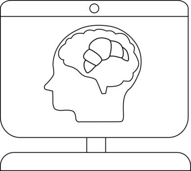Black white outline image of a monitor displaying a head silhouette with a brain inside vector