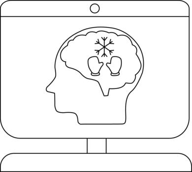 The illustration shows a monitor displaying a head in profile with a brain containing a snowflake and mittens vector