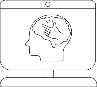 Monitor displaying outline of head with a brain inside and a hand pointing vector
