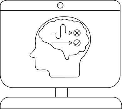 Monitor shows brain with arrow paths ending at a checkmark and cross vector