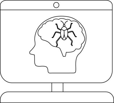 A computer monitor displays a head silhouette with a bug inside the brain outline vector