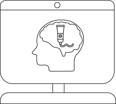 A computer screen displays a profile with a brain containing a tube with a sunburst symbol expelling a curly strand vector