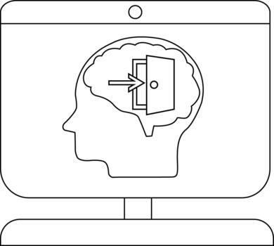 Computer displays a head profile with a brain containing an open door with an arrow pointing inward vector