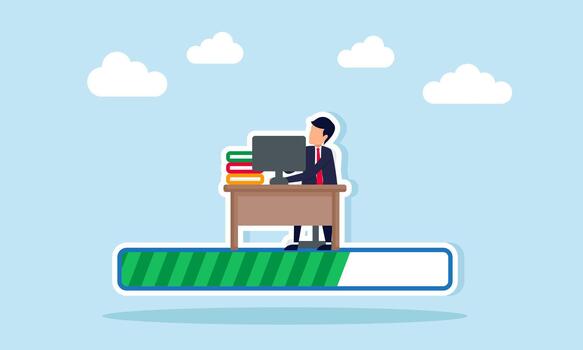 empresario trabajando a escritorio encima cargando bar ilustrando Progreso en negocio proyecto reporte vector