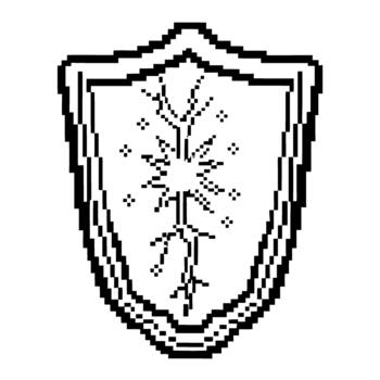 píxel proteger emblema con derivación relámpago tornillo símbolo, retro monocromo cresta icono para seguridad, proteccion y digital defensa concepto vector