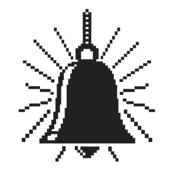 Ringing bell icon with sound lines, black and white pixel art symbol for alert, alarm notification or reminder signal vector