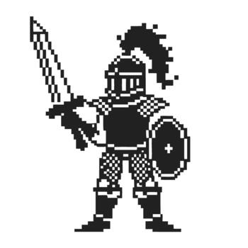 píxel Caballero guerrero con espada y proteger retro 8 poco medieval héroe, blindado combatiente en pie Listo para batalla vector
