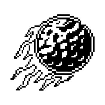 Pixelated burning meteor icon on white background, retro 8 bit falling asteroid with fiery flames and simple monochrome vector