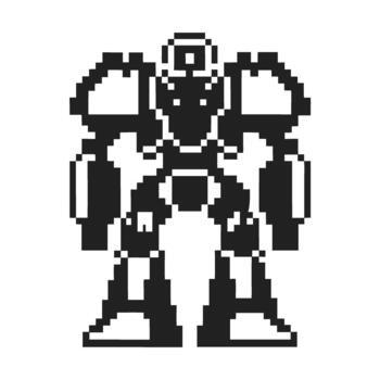 retro píxel robot guerrero en pie frontal ver clásico 8 poco arcada mecha personaje con armadura, futurista ciencia fi batalla máquina vector