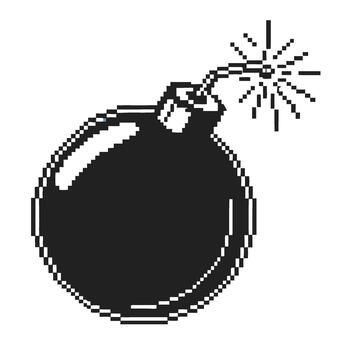 Pixel art bomb icon with burning fuse retro explosive symbol, simple black and white game design element on transparent background vector