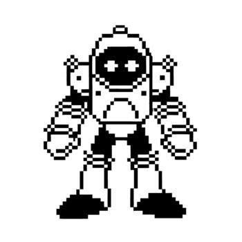 Retro pixel robot character with armored suit and mechanical arms standing in heroic pose, minimalist black and white 8 bit vector