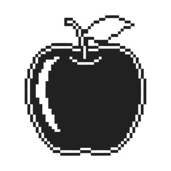 Retro pixel art black apple icon with leaf minimalist monochrome fruit symbol in 8 bit isolated on transparent background vector