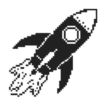 píxel Arte cohete lanzamiento icono retro 8 poco astronave voladura apagado con ardiente escape, minimalista negro y blanco arcada diseño vector