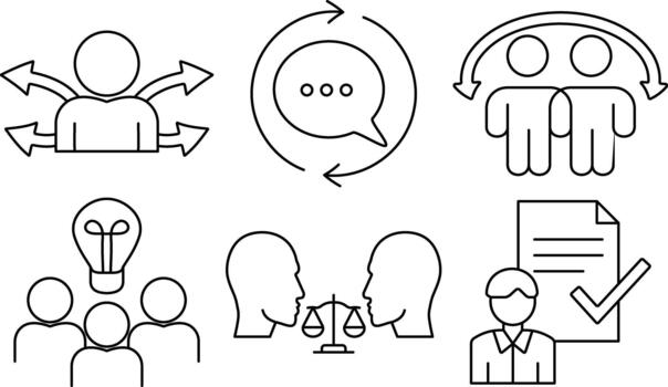 digital equipo dinámica línea íconos presentando colaboración comunicación liderazgo flujo de trabajo y idea compartiendo vector