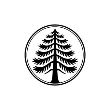 Minimalist silhouette of a stylized evergreen pine tree centered within a double lined circle vector