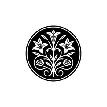 Elegant monochromatic circular emblem featuring stylized lilies and roses with intricate scrollwork vector