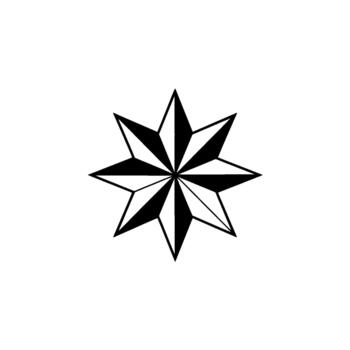 A monochromatic geometric eight pointed star symbol with alternating light and dark gray shaded sections and a bold outline isolated vector