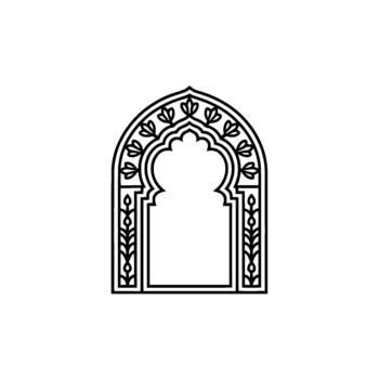 A minimalist illustration of an ornate archway with intricate floral patterns in a dark outline vector