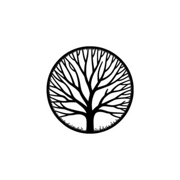 un minimalista silueta de un desnudo ramificado árbol adjunto dentro un circular frontera con texturizado suelo detalle aislado vector