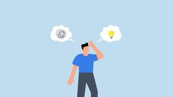 problem lösning, 4k animering av affärsman tänkande med röra problem och glödlampa aning. video