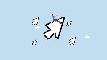 digital marketing, 4k animation of businessman riding digital pixel mouse pointer to click on button video