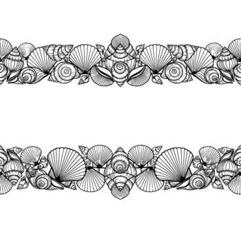 Intricate decorative border featuring a seamless pattern of meticulously drawn seashells and spiral shells in a monochrome outline style vector