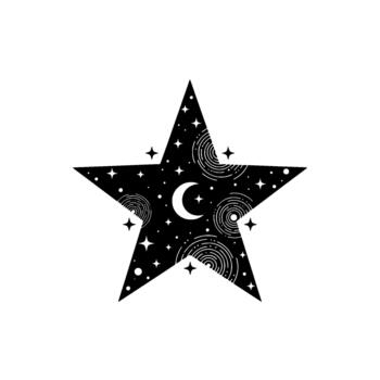estilizado cinco puntiagudo estrella lleno con celestial patrones incluso un creciente Luna y arremolinándose cósmico diseños aislado vector