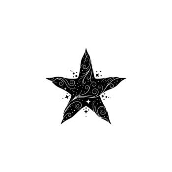 A silhouette of a decorative five pointed star filled with intricate swirling filigree patterns and small sparkling dots and star bursts vector