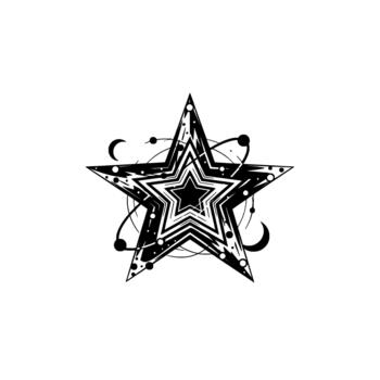 un negrita ilustración de un multicapa de cinco puntas estrella con resumen geométrico patrones y orbital celestial cuerpos me gusta creciente lunas y esferas vector