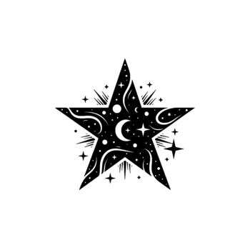 celestial silueta de un cinco puntiagudo estrella lleno con cósmico elementos incluso un creciente Luna y arremolinándose patrones vector