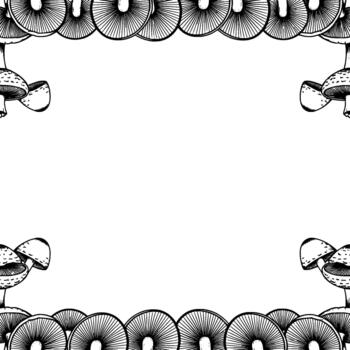 An artistic border featuring a repeating pattern of intricately detailed line art mushrooms arranged along the top bottom and corner edges vector