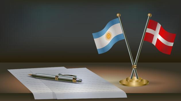 Argentina and Denmark flags on table in office. International relations on a dark gradient color background. vector