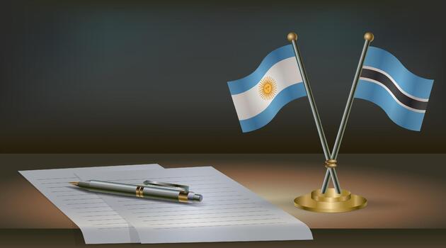 Argentina and Botswana flags on table in office. International relations on a dark gradient color background. vector