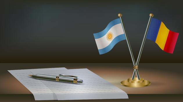 Argentina and Chad flags on table in office. International relations on a dark gradient color background. vector