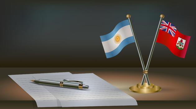 Argentina and Bermuda flags on table in office. International relations on a dark gradient color background. vector